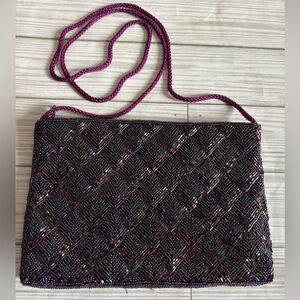 Valerie Stevens Beaded Irridescent Dark Plum Purple Multi Color Evening Bag